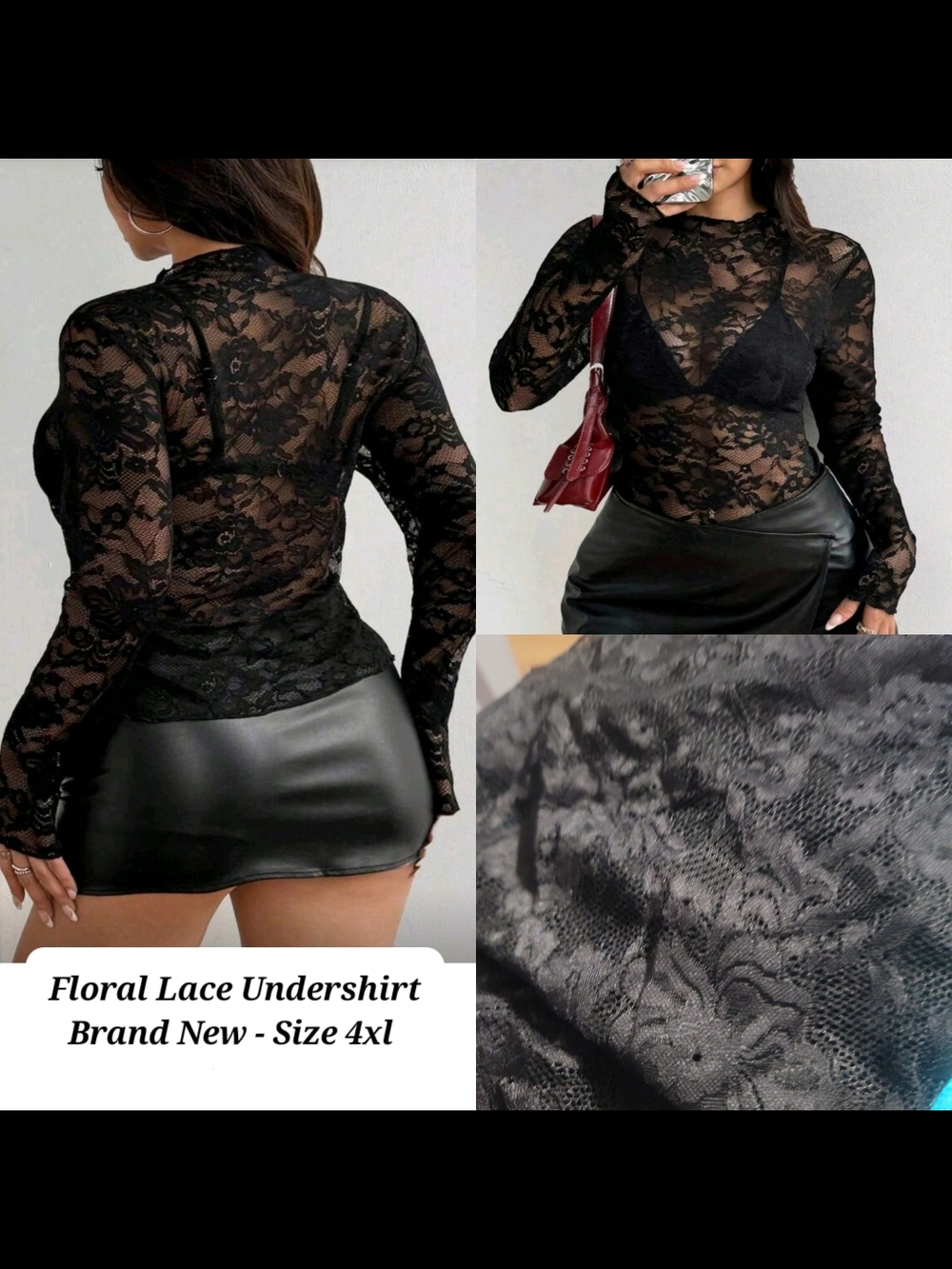 Floral Lace Sheer Long Sleeve Top - Black